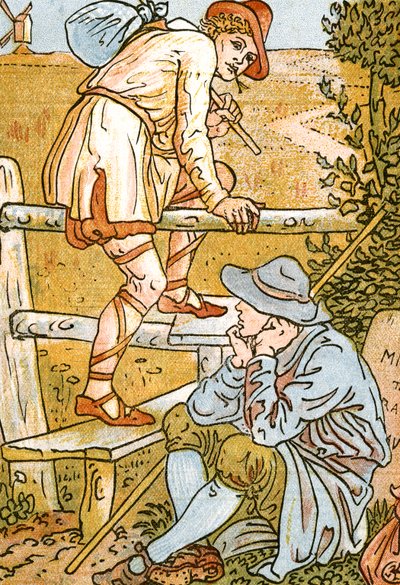 Jog On, Jog On, sångillustration från Pan-Pipes, En bok med gamla sånger, nyarrangerad och med ackompanjemang av Theo. Marzials, publicerad i London av George Routledge & Sons, 1884 (de av Walter Crane
