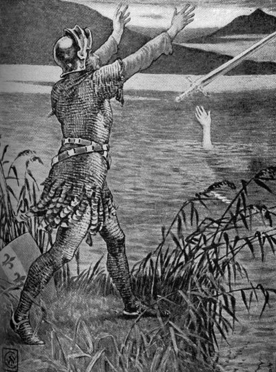 Kung Arthur- Sir Bedivere kastar Excalibur. av Walter Crane