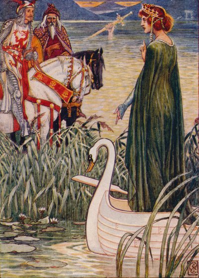 Kung Arthur ber Lady of the Lake om svärdet Excalibur, 1911. av Walter Crane