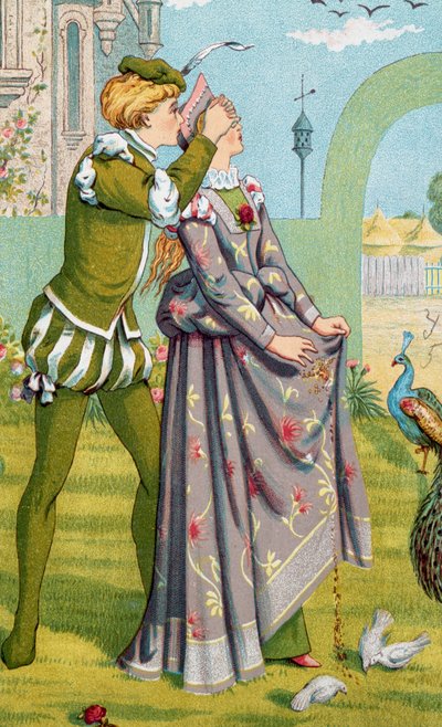 "Den romantiska överraskningen" En ung pojke täcker för en ung flickas ögon. Illustration av Walter Crane (1845-1915) och Kate Greenaway (1846-1901) av Walter Crane