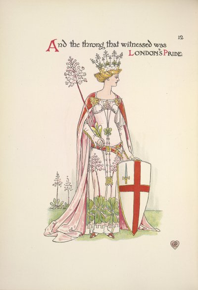 Londons stolthet. En ung kvinna som håller en sköld med korset av St. George av Walter Crane