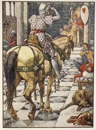 Percival erhåller det bankande hjärtats sköld, från "Stories of the Knights of the Round Table" av Henry Gilbert, första upplagan, 1911 av Walter Crane
