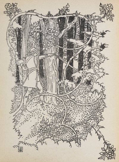 Prince Charming skär sig genom den igenvuxna skogen till Törnrosa. av Walter Crane