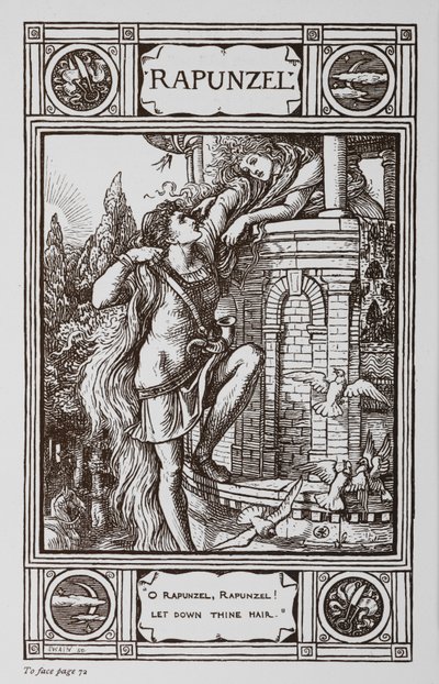 Rapunzel lutar sig ut genom fönstret i ett torn medan en prins klättrar upp i hennes hår. av Walter Crane