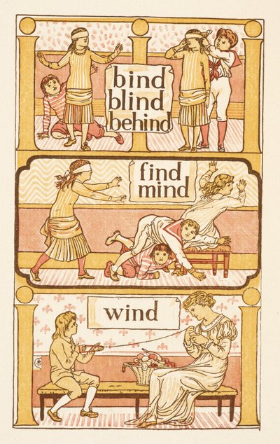 Rimande ord som slutar på bokstaven D. Ett spel med blind mans buff. För att illustrera användningen av bokstaven i. Den gyllene primern. av Walter Crane