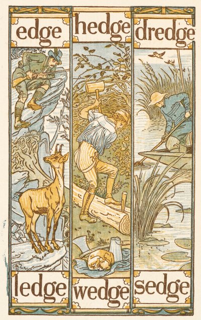 Rimande ord som slutar på bokstaven E. The Golden primer. av Walter Crane