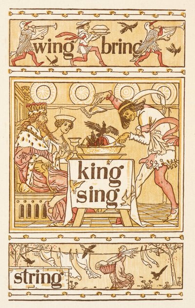 Rimande ord som slutar på bokstaven G. Koltrastar i en paj. En tvättlina. Den gyllene primern. av Walter Crane