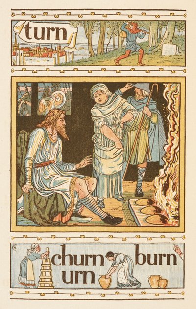 Rimande ord som slutar på bokstaven N. En illustration, visar möjligen kung Alfred och de brinnande kakorna. Den gyllene primern. av Walter Crane