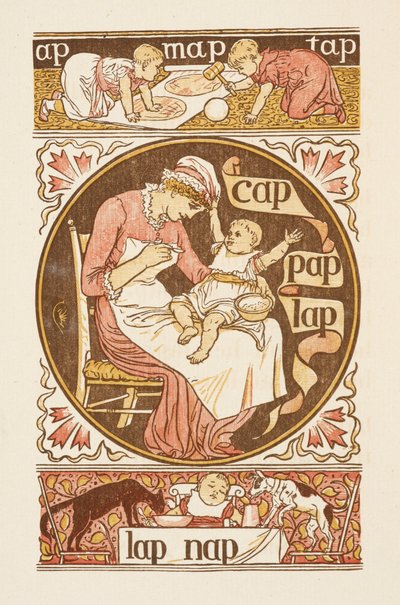 Rimande ord som slutar på bokstaven P. En illustration som visar en kvinna som matar ett barn. Den gyllene primern. av Walter Crane
