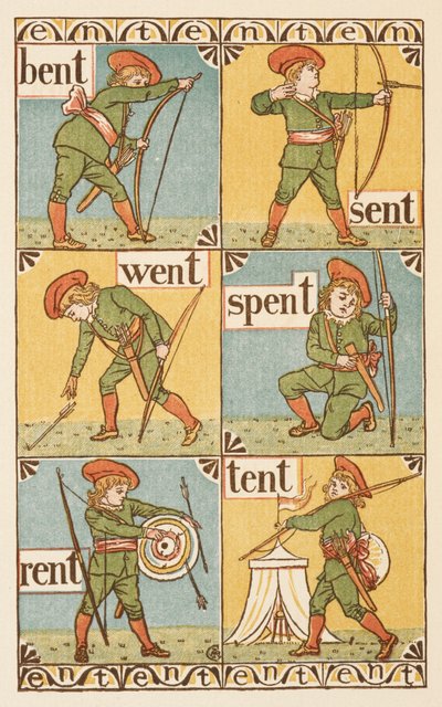 Rimande ord som slutar på bokstaven T. En pojke med pil och båge. Den gyllene primern. av Walter Crane