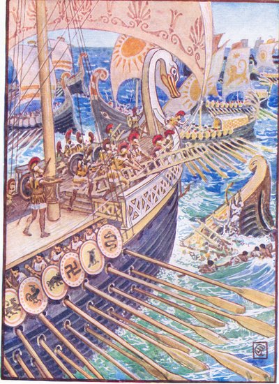 Skepp rusade mot skepp, tills de persiska döda strödde ut djupet som blommor, illustration från The Story of Greece, 1930-talet av Walter Crane