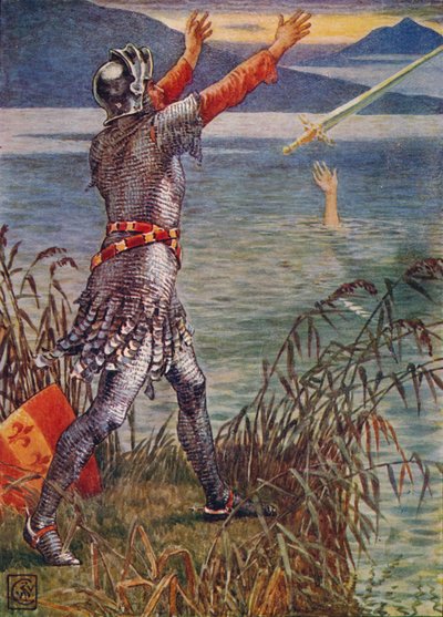 Sir Bedivere kastar svärdet Excalibur i sjön, 1911. av Walter Crane