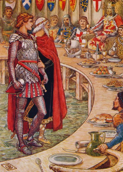 Sir Galahad ställs till kung Arthurs hov 1911. av Walter Crane