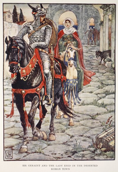 Sir Geraint och Lady Enid i den övergivna romerska staden, ur "Stories of the Knights of the Round Table" av Henry Gilbert, första upplagan, 1911. av Walter Crane