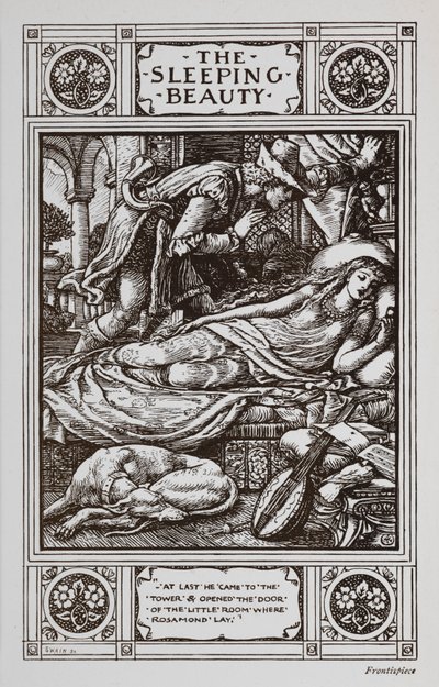 Törnrosa ligger och sover omgiven av en sovande hund och ett musikinstrument medan Prince Charming vakar över henne. av Walter Crane
