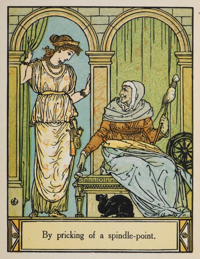 Törnrosa står bredvid en gammal kvinna med spinnhjul och tråd. En svart katt sitter under. av Walter Crane