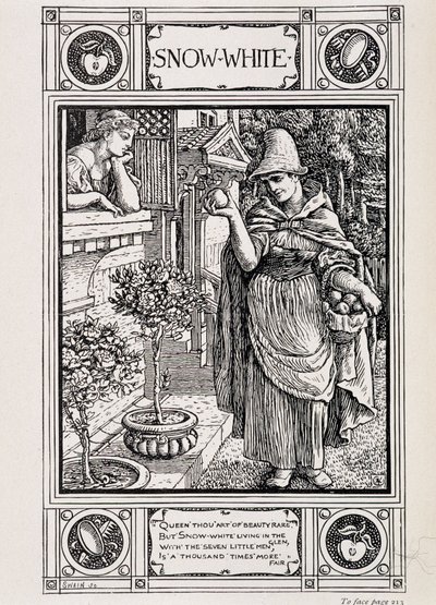 Snövit och häxan som sköter sitt äpple - i "" Hushållshistorier från samlingen av Bros Grimm", översatt från tyska av Lucy Crane, London mac millan & Co ltd av Walter Crane