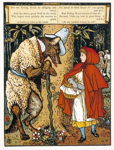 The Little Red Riding Hood (möte med vargen) - av John Lane, Walter Cranes Picture Books, London & New York, deb. 1900-talet av Walter Crane