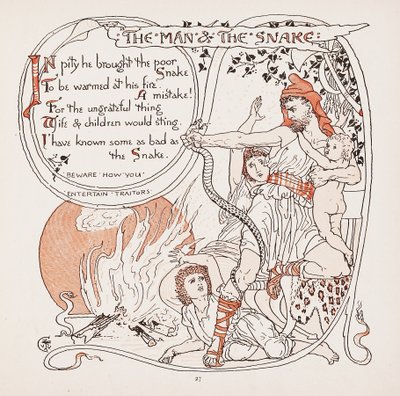 Mannen & ormen, illustration från Aesops Fables, pub. 1887 av Walter Crane