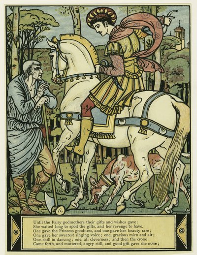 Prinsen frågar vägen, från The Blue Beard Picture Book, pub. 1879 (lito i färg) av Walter Crane