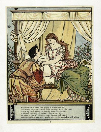Prinsen väcker skönhet, från The Blue Beard Picture Book, pub. 1879 (lito i färg) av Walter Crane