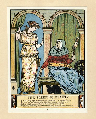 Prinsessan lär sig snurra, från The Blue Beard Picture Book, pub. 1879 (lito i färg) av Walter Crane