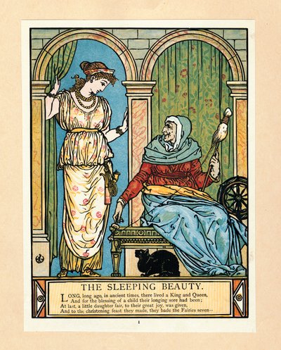 Prinsessan lär sig snurra, från The Blue Beard Picture Book, pub. 1879 färglitografi, 1879. av Walter Crane