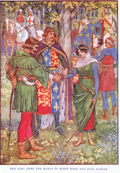 Kungen förenar händerna på Robin Hood och Maid Marian, ca 1920 av Walter Crane
