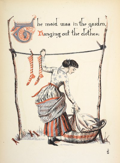 Pigan var i trädgården och hängde ut kläderna. av Walter Crane