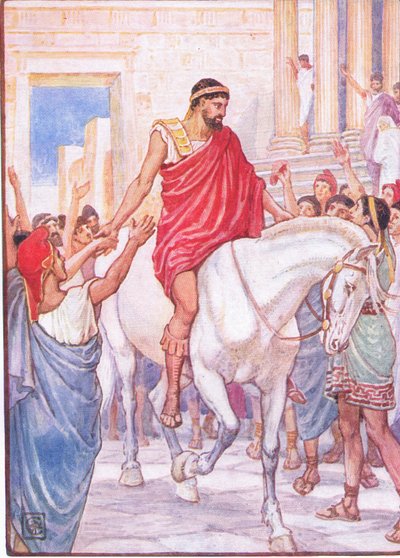 Folkmassan hälsade honom med högljudda acklamationer, illustration från The Story of Greece, 1930-talet av Walter Crane
