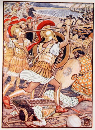 De kraschade in i den persiska armén med enorm kraft, illustration från "The Story of Greece" av Mary Macgregor, 1:a upplagan, 1913 (färgtryck) av Walter Crane