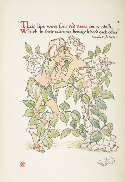 Två figurer som kysser klädda som rosor av Walter Crane