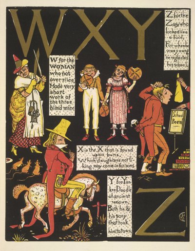 WXYZ- W för kvinnan som inte var för trevlig; X är det X som finns på bullar; Y för yankee doodle; och Z för galningen som såg ut som en dåre av Walter Crane