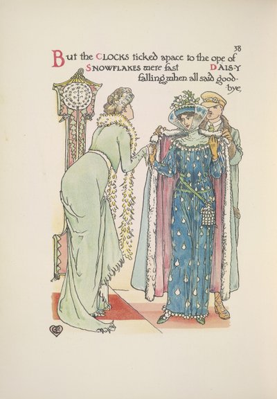 Bröllopsgäster lämnar. En dam som säger adjö; En man som hjälper henne med sin kappa av Walter Crane