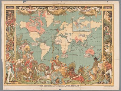 Världskarta som visar det koloniala brittiska imperiet, 1886 Imperial Federation, karta över världen som visar det brittiska imperiets utbredning 1886 (titel på objekt) av Walter Crane