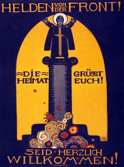 Tyska WWI-affischhjältar från fronten, hemlandet hälsar dig! Välkommen pub. 1915 (färglitografi) av Walter Ditz