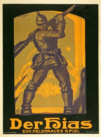 Affisch som annonserar en pjäs Der Hias, ein fieldgraues pjäs av Heinrich Gilardone, publicerad 1917 av Walter Ditz