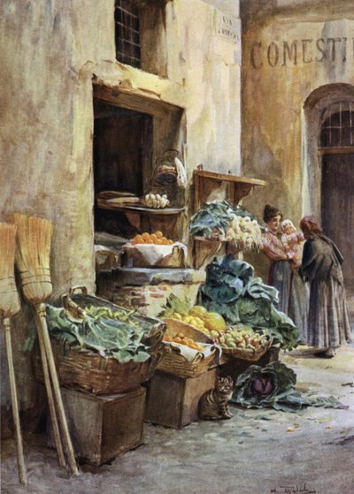 Grönsaksaffär, italienska rivieran (färg litho) av Walter Frederick Roofe Tyndale