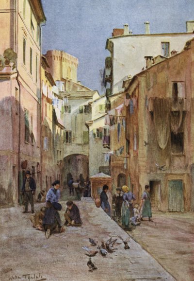 La Piazza, Sestri Levante (färg litho) av Walter Frederick Roofe Tyndale