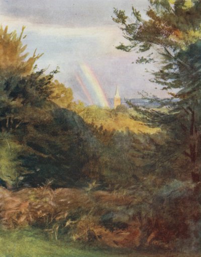 The New Forest: Lyndhurst Church från Emery Down (färg litho) av Walter Frederick Roofe Tyndale