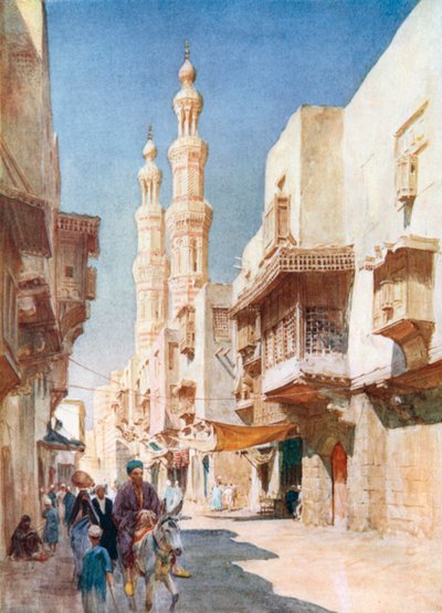 El-Muayyads tvillingminareter (färglitografi) av Walter Frederick Roofe Tyndale