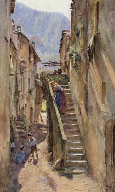 Vicolo del Ponte, Villa Nuova Di Albenga, Italien (färg litho) av Walter Frederick Roofe Tyndale