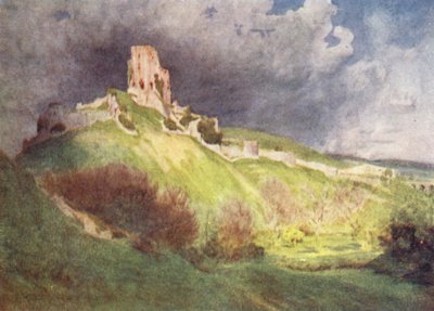 Wessex: Corfe Castle, "Corvesgate Castle" av Ethelbertas hand (färglitografi) av Walter Frederick Roofe Tyndale