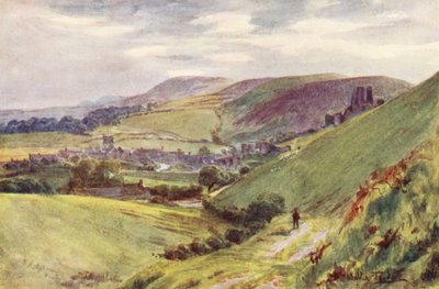 Wessex: Corfe Castle från Nine Barrow Down (färglitografi) av Walter Frederick Roofe Tyndale