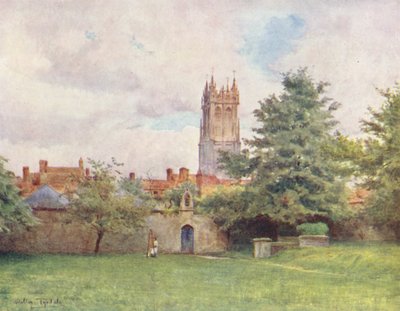 Wessex: Glastonbury Steeple från klosterträdgårdarna (färglitografi) av Walter Frederick Roofe Tyndale