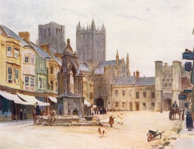 Wessex: Marknadsplatsen, Wells (färglitografi) av Walter Frederick Roofe Tyndale