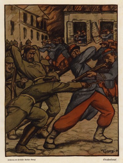 Gatustrid mellan tyska och franska soldater, första världskriget (färg litho) av Walter Georgi
