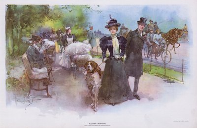 Påskmorgon: kvinna promenerar med sin hund (färg litho) av Walter Granville-Smith