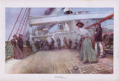 I Mid-Ocean: passagerare som njuter av en omgång shuffleboard ombord på ett fartyg (färg litho) av Walter Granville-Smith
