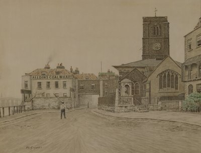 Alldins Coal Wharf och Chelsea Old Church, London (penna och tvätt på papper) av Walter Greaves